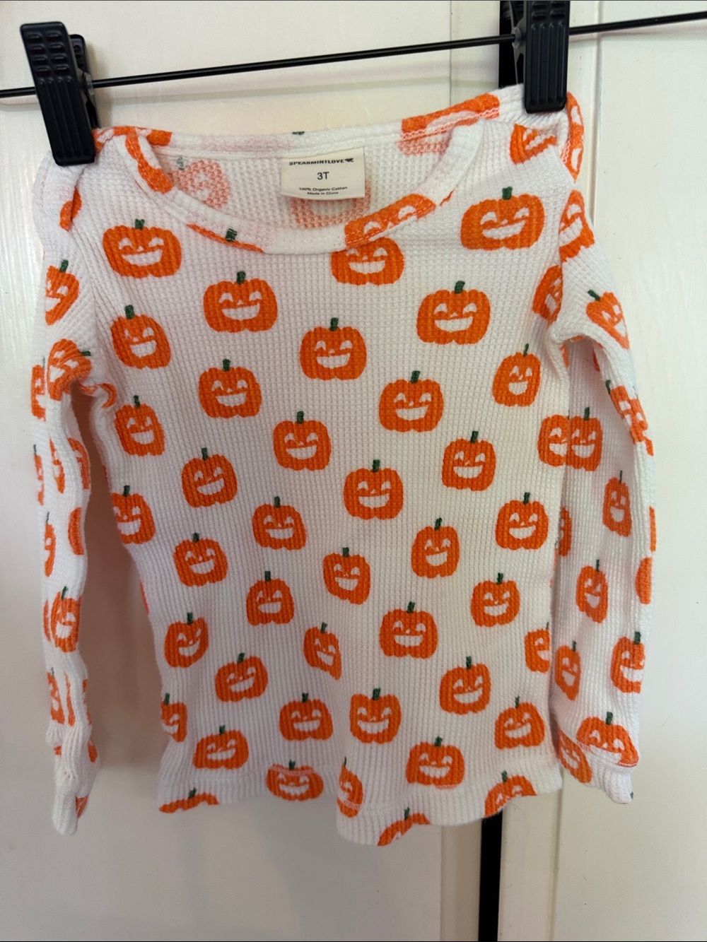Toddler Pumpkin Print Long Sleeve Waffle Top - White & Orange - Unbranded